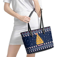 Meowy Catmas Leather Tote Bag with Orange Cats Christmas Tree and Snowflake Pattern Design - Wonder Print Shop