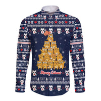 Meowy Catmas Long Sleeve Button Shirt with Orange Cats Christmas Tree and Snowflake Pattern Design - Wonder Print Shop