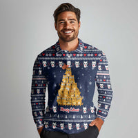 Meowy Catmas Long Sleeve Polo Shirt with Orange Cats Christmas Tree and Snowflake Pattern Design - Wonder Print Shop