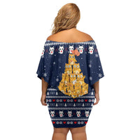 Meowy Catmas Off Shoulder Short Dress with Orange Cats Christmas Tree and Snowflake Pattern Design - Wonder Print Shop