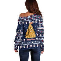 Meowy Catmas Off Shoulder Sweater with Orange Cats Christmas Tree and Snowflake Pattern Design - Wonder Print Shop