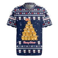 Meowy Catmas Rugby Jersey with Orange Cats Christmas Tree and Snowflake Pattern Design - Wonder Print Shop