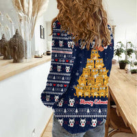 Meowy Catmas Women Casual Shirt with Orange Cats Christmas Tree and Snowflake Pattern Design - Wonder Print Shop