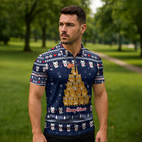 Meowy Catmas Zipper Polo Shirt with Orange Cats Christmas Tree and Snowflake Pattern Design - Wonder Print Shop