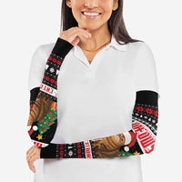 Meowy Catmas Arm Sleeves with Tabby Cat Santa Hat and Christmas Tree Gift Pattern Design - Wonder Print Shop