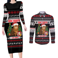 Meowy Catmas Couples Matching Long Sleeve Bodycon Dress and Long Sleeve Button Shirt with Tabby Cat Santa Hat and Christmas Tree Gift Pattern Design - Wonder Print Shop