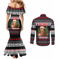 Meowy Catmas Couples Matching Mermaid Dress and Long Sleeve Button Shirt with Tabby Cat Santa Hat and Christmas Tree Gift Pattern Design - Wonder Print Shop