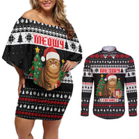 Meowy Catmas Couples Matching Off Shoulder Short Dress and Long Sleeve Button Shirt with Tabby Cat Santa Hat and Christmas Tree Gift Pattern Design - Wonder Print Shop