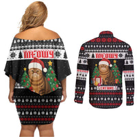 Meowy Catmas Couples Matching Off Shoulder Short Dress and Long Sleeve Button Shirt with Tabby Cat Santa Hat and Christmas Tree Gift Pattern Design - Wonder Print Shop