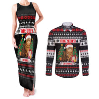 Meowy Catmas Couples Matching Tank Maxi Dress and Long Sleeve Button Shirt with Tabby Cat Santa Hat and Christmas Tree Gift Pattern Design - Wonder Print Shop
