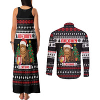Meowy Catmas Couples Matching Tank Maxi Dress and Long Sleeve Button Shirt with Tabby Cat Santa Hat and Christmas Tree Gift Pattern Design - Wonder Print Shop