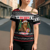 Meowy Catmas Cross Shoulder Shirt with Tabby Cat Santa Hat and Christmas Tree Gift Pattern Design - Wonder Print Shop
