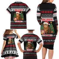 Meowy Catmas Family Matching Long Sleeve Bodycon Dress and Hawaiian Shirt with Tabby Cat Santa Hat and Christmas Tree Gift Pattern Design - Wonder Print Shop