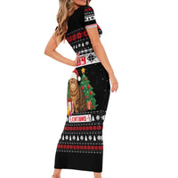 Meowy Catmas Family Matching Short Sleeve Bodycon Dress and Hawaiian Shirt with Tabby Cat Santa Hat and Christmas Tree Gift Pattern Design - Wonder Print Shop