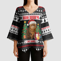 Meowy Catmas Kimono Sleeve Blouse with Tabby Cat Santa Hat and Christmas Tree Gift Pattern Design - Wonder Print Shop