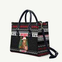 Meowy Catmas Leather Bag with Tabby Cat Santa Hat and Christmas Tree Gift Pattern Design - Wonder Print Shop