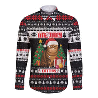 Meowy Catmas Long Sleeve Button Shirt with Tabby Cat Santa Hat and Christmas Tree Gift Pattern Design - Wonder Print Shop