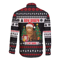 Meowy Catmas Long Sleeve Button Shirt with Tabby Cat Santa Hat and Christmas Tree Gift Pattern Design - Wonder Print Shop