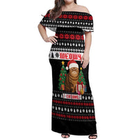 Meowy Catmas Off Shoulder Maxi Dress with Tabby Cat Santa Hat and Christmas Tree Gift Pattern Design - Wonder Print Shop