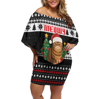 Meowy Catmas Off Shoulder Short Dress with Tabby Cat Santa Hat and Christmas Tree Gift Pattern Design - Wonder Print Shop