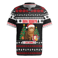 Meowy Catmas Rugby Jersey with Tabby Cat Santa Hat and Christmas Tree Gift Pattern Design - Wonder Print Shop