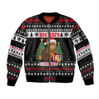 Meowy Catmas Sleeve Zip Bomber Jacket with Tabby Cat Santa Hat and Christmas Tree Gift Pattern Design - Wonder Print Shop