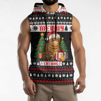 Meowy Catmas Sleeveless Hoodie with Tabby Cat Santa Hat and Christmas Tree Gift Pattern Design - Wonder Print Shop