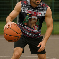 Meowy Catmas Sleeveless Hoodie with Tabby Cat Santa Hat and Christmas Tree Gift Pattern Design - Wonder Print Shop