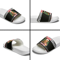 Meowy Catmas Slide Sandals with Tabby Cat Santa Hat and Christmas Tree Gift Pattern Design - Wonder Print Shop