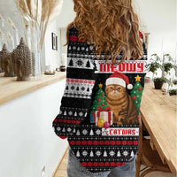 Meowy Catmas Women Casual Shirt with Tabby Cat Santa Hat and Christmas Tree Gift Pattern Design - Wonder Print Shop