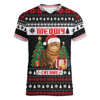 Meowy Catmas Women V-Neck T-Shirt with Tabby Cat Santa Hat and Christmas Tree Gift Pattern Design - Wonder Print Shop