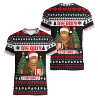 Meowy Catmas Women V-Neck T-Shirt with Tabby Cat Santa Hat and Christmas Tree Gift Pattern Design - Wonder Print Shop