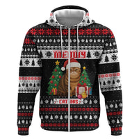 Meowy Catmas Zip Hoodie with Tabby Cat Santa Hat and Christmas Tree Gift Pattern Design - Wonder Print Shop