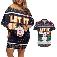 Let It Snow Christmas Couples Matching Off Shoulder Short Dress and Hawaiian Shirt Funny Xmas Holiday Patterns - Wonder Print Shop