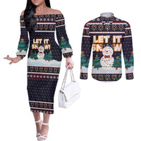 Let It Snow Christmas Couples Matching Off The Shoulder Long Sleeve Dress and Long Sleeve Button Shirt Funny Xmas Holiday Patterns - Wonder Print Shop