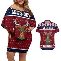 Lets Get Slouchy Christmas Couples Matching Off Shoulder Short Dress and Hawaiian Shirt Funny Xmas Holiday Patterns - Wonder Print Shop