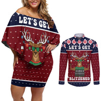 Lets Get Slouchy Christmas Couples Matching Off Shoulder Short Dress and Long Sleeve Button Shirt Funny Xmas Holiday Patterns - Wonder Print Shop