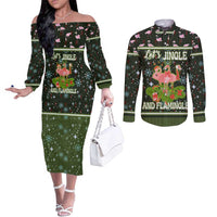 Lets Jingle And Flamingle Christmas Couples Matching Off The Shoulder Long Sleeve Dress and Long Sleeve Button Shirt Funny Xmas Holiday Patterns - Wonder Print Shop