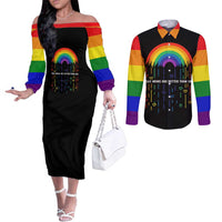 LGBT Dont Be Afraid Christmas Couples Matching Off The Shoulder Long Sleeve Dress and Long Sleeve Button Shirt Xmas Holiday Patterns - Wonder Print Shop