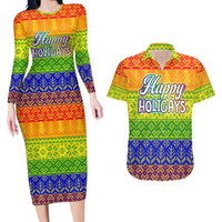 LGBT Gay Pride Happy Holigays Christmas Couples Matching Long Sleeve Bodycon Dress and Hawaiian Shirt Xmas Holiday Patterns - Wonder Print Shop