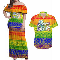 LGBT Gay Pride Happy Holigays Christmas Couples Matching Off Shoulder Maxi Dress and Hawaiian Shirt Xmas Holiday Patterns - Wonder Print Shop