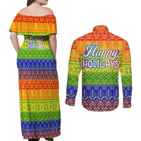 LGBT Gay Pride Happy Holigays Christmas Couples Matching Off Shoulder Maxi Dress and Long Sleeve Button Shirt Xmas Holiday Patterns - Wonder Print Shop