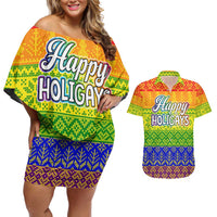 LGBT Gay Pride Happy Holigays Christmas Couples Matching Off Shoulder Short Dress and Hawaiian Shirt Xmas Holiday Patterns - Wonder Print Shop