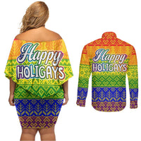 LGBT Gay Pride Happy Holigays Christmas Couples Matching Off Shoulder Short Dress and Long Sleeve Button Shirt Xmas Holiday Patterns - Wonder Print Shop