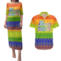 LGBT Gay Pride Happy Holigays Christmas Couples Matching Puletasi and Hawaiian Shirt Xmas Holiday Patterns - Wonder Print Shop