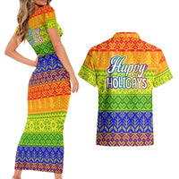 LGBT Gay Pride Happy Holigays Christmas Couples Matching Short Sleeve Bodycon Dress and Hawaiian Shirt Xmas Holiday Patterns - Wonder Print Shop