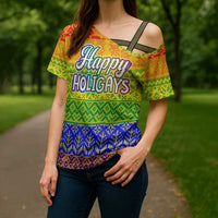 LGBT Gay Pride Happy Holigays Christmas Cross Shoulder Shirt Xmas Holiday Patterns - Wonder Print Shop