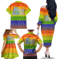 LGBT Gay Pride Happy Holigays Christmas Family Matching Off The Shoulder Long Sleeve Dress and Hawaiian Shirt Xmas Holiday Patterns - Wonder Print Shop