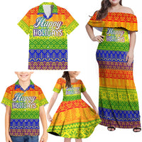 LGBT Gay Pride Happy Holigays Christmas Family Matching Off Shoulder Maxi Dress and Hawaiian Shirt Xmas Holiday Patterns - Wonder Print Shop