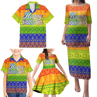 LGBT Gay Pride Happy Holigays Christmas Family Matching Puletasi and Hawaiian Shirt Xmas Holiday Patterns - Wonder Print Shop